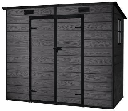 Wasabi - Caseta de Resina Jardín Unit 2,93m2 - Suelo Incluido - Ventana Lateral - Doble Puerta abatible - Acabado Madera en Color Negro – Paneles 12mm de Espesor - Cobertizo PVC Almacenaje Exterior