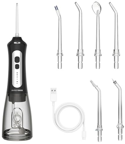 BarberBoss Idropulsore dentale senza fili per denti e gengive, irrigatore orale ricaricabile, 5 modalità di pulizia, 6 ugelli e display LED, kit filo interdentale impermeabile IPX7 (Nero)