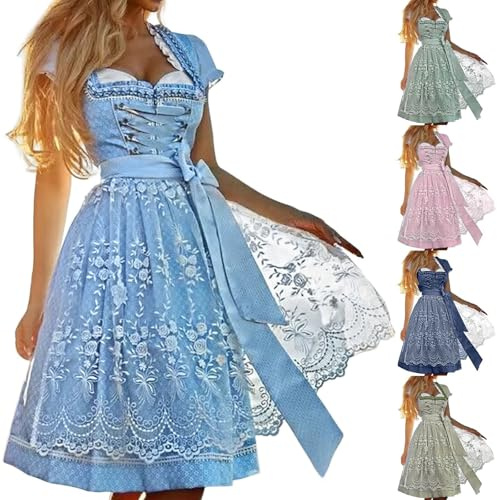 Dirndl Femme 4 Pièces Robe Bavaroise Traditionnelle avec Tablier et Chemisier Dentelle pour Oktoberfest, Carnaval & Fête de la Bière Allemand Mariage Thème Vêtements Déguisement Adulte