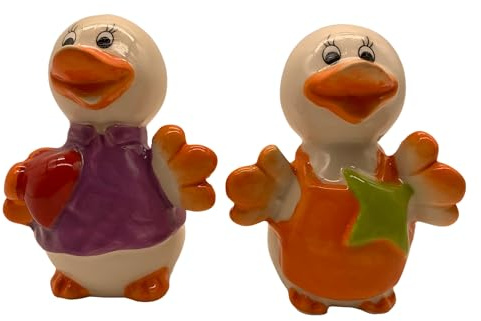 Set di saliera e pepe, motivo anatra, ceramica, arancione-viola e verde
