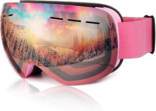 NewBEP Ski Snowboard Goggles - UV Protection Anti-Fog Outdoor Ski Goggles - OTG Snow Skiing Glasses for Men Women Youth (Pink frame - light pink lenses)