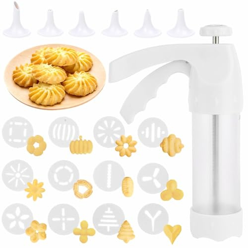 mellystore Presse à Biscuits,Machine à Churros,Presse à Pâtisserie,Seringue PâTisserie Livré avec 12 Plateaux Biscuits et 6 Douilles Gâteau,Machine Biscuits pour DIY Cuisson et Décoration de Gâteaux