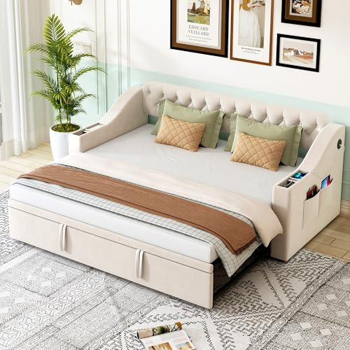 ZONJIE Schlafsofa, 90/180x190 cm klappbares Schlafsofa mit Lattenrost, Stauraum, USB-Ladeanschluss und Seitentasche, platzsparendes 2-in-1-Schlafsofas, ohne Matratze (Beige)