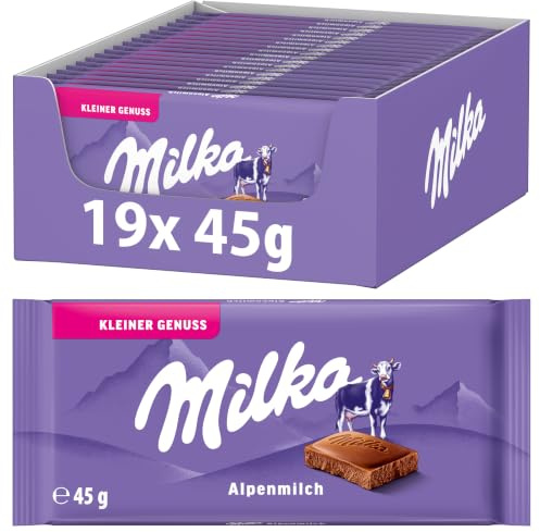 Milka Die Kleine Alpenmilch, Kleiner Genuss, 45 g (19er-Pack) | Zarte Vollmilchschokolade aus Alpenmilch im Mini-Format
