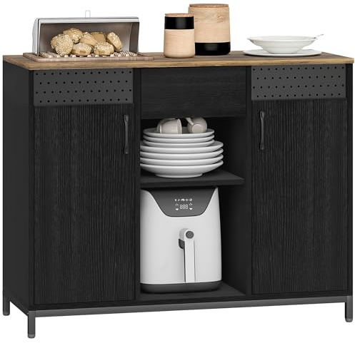 HOMCOM Aparador de 2 Puertas con Tablero Colgante, Aparador para Salón con Cajón, Compartimentos Abiertos, Estantes Ajustables, para Cocina, Entrada, Oficina, Negro, 100x40x80 cm