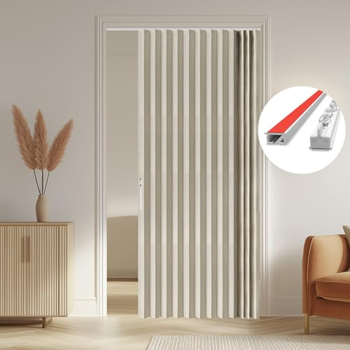AJAZZ Magnetic Curtains with Adhesive Ceiling Curtain Track Accordion Door Interior 100% Blackout Sliding Door Cover Curtains Cream White 53 x 79 Inch Set