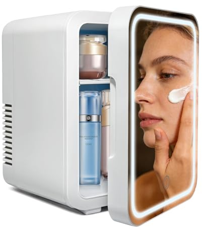 Kwanner 4L Portable Skincare Fridge with Dimmable LED Light Mirror - Cooler & Warmer Mini Fridge for Bedroom Office, Compact Cosmetic Fridge for Makeup, Food, Drinks (White)