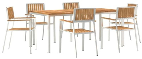 HFMDRMU Essgruppe für Terrasse braun - Outdoortisch-Set 7-teilig mit Edelstahlrahmen und Gartenmöbel-Set modern aus Teak