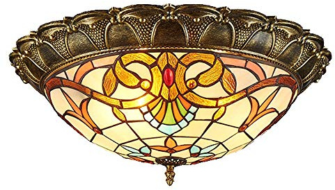 Serin-Eletro Vintage LED-Deckenleuchte Farbiges Glas Rund Deckenlampe 3000K Warmweiss Licht Retro Glasmalerei Decken-Beleuchtung für Schlafzimmer Wohnzimmer Esszimmer Cafe,Bronze-Farbe Metall, Ø 42cm