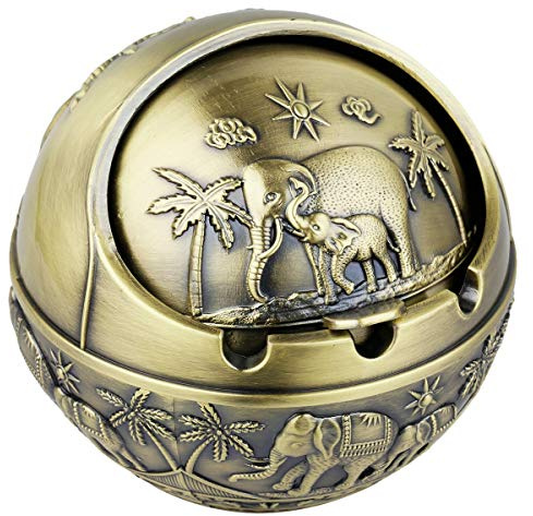 KYEYGWO Winddichter Vintage Aschenbecher mit Deckel, tragbare Zigaretten-Aschenbecher aus Metall für den Außen- und Innenbereich, Elefant