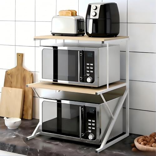 QIHANG-UK 3-Tier Microwave Oven Shelf Stand, Standing Baker's Rack, Over Microwave Shelf Unit with 1 Drawer, Kitchen Countertop Organizer, Kitchen Storage Shelf with Wood Top Metal Frame (Walunt)
