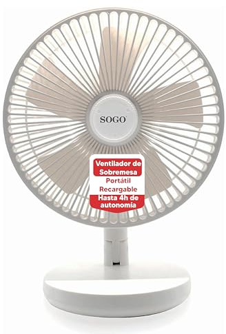 SOGO Ventilador de Sobremesa Portátil Recargable 8 Pulgadas Silencioso con Batería para Uso Sin Cables - Ventilador USB con 3 Velocidades y Carga Rápida - Ventilador Compacto con LED y Autonomía 4H