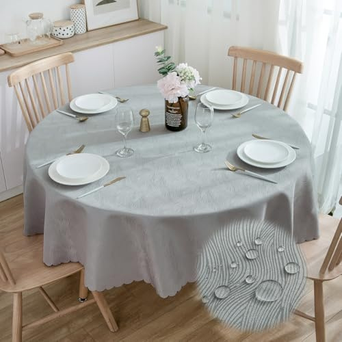 Runde Jacquard-Tischdecke 160 cm, Waterflow-Muster, Mittelgrau | Wasserabweisendes Finish, Maschinenwaschbar, Weiche Jacquard-Struktur, Pflegeleichtes 100% Polyester, Essen und Feiern