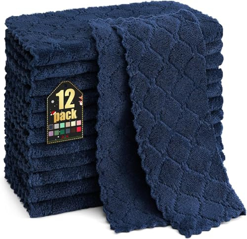 Homaxy 12 Pack Kitchen Dish Cloths (10 x 10 Inches, Navy Blue), Super Soft and Absorbent Coral Velvet Dish Towels, Nonstick Oil Fast Drying Microfiber Cleaning Cloth, No Lint Household Dishcloths