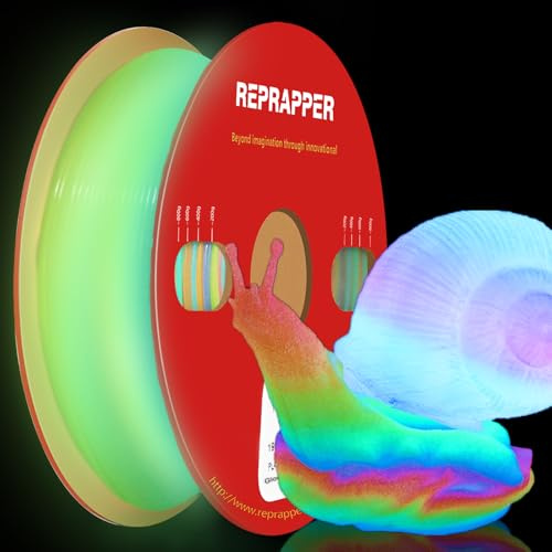 RepRapper Leuchtet PLA Filament 1,75 mm Glow in the Dark Leuchtendes 3D Druck Filament, Maßgenauigkeit +/- 0,03 mm, 1 kg (2,2 Pfund) Pappspule, Leuchtendes PLA für 3D Drucker, Regenbogen