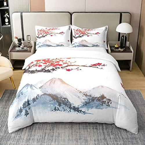 Bettbezug Kirschblüte, gewaschene Baumwolle, für Mädchen, japanisches Bettwäsche-Set mit roten Blumen, Bettwäsche im japanischen Stil Ukiyoe, Bettwäsche mit Mount Fuji-Motiv, 140 x 200 cm