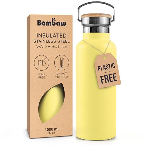 Bambaw Stainless Steel Insulated Water Bottle 1l, Metal Water Bottle 1l Stainless Steel, Double-Walled, Reusable & Leak-Proof, Wide Mouth, Easy to Clean & Great for Travel (Yellow Beam)
