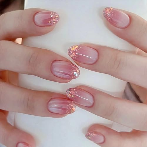 24 Stück Nägel zum Aufkleben Kurz Mandel, Rosa Farbverlauf French Press on Nails Full Cover Kunstnägel mit Nagelkleber Aufkleber, Oval Acryl Fingernägel zum Aufkleben für Frauen & Mädchen Nail Art