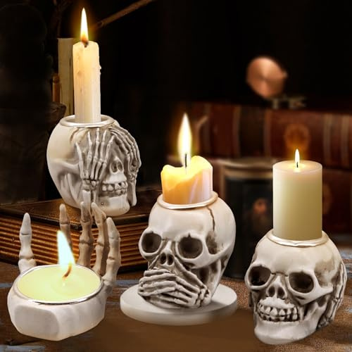 CheurYae 4 Stück Schädel Kerzenhalter,Menschliche Schädel Dekoration Set,Schädel Teelicht Kerzenhalter,Dekorative Kerzenhalter für Halloween Party Dekoration,Tischdekoration