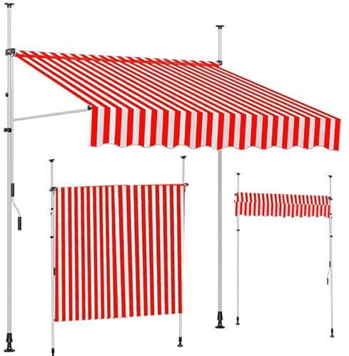 Klemmmarkise Aufrollbar Balkonmarkise, 215~310cm Höhenverstellbar, ohne Bohren, 200~400cm Breit, Regenschutz & Sichtschutz, für Garten Terrasse(Red White,350cm)