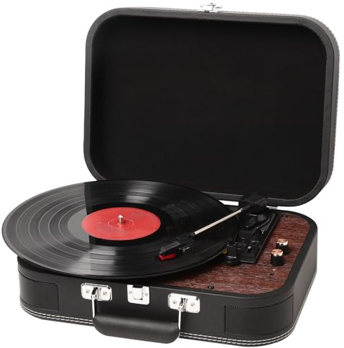 Plattenspieler mit Lautsprecher - Bluetooth 5.4 & 3 Geschwindigkeiten (33/45/78 U/min) • Vinyl-zu-MP3 Konverter • Tragbarer Stereo-Koffer • AUX/RCA • Retro Design (Schwarz)