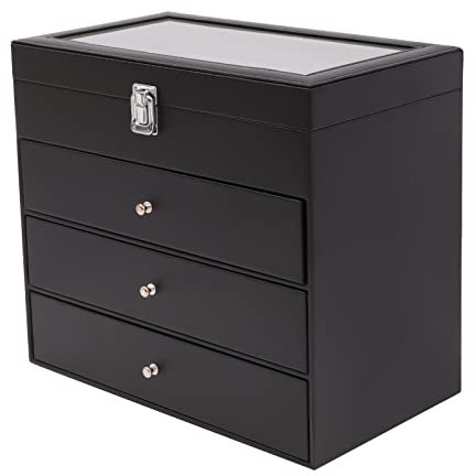 panfudongk Brillen Aufbewahrungsbox Brillenbox Aufbewahrung Schmuckkasten mit 4 Schichten für Gläser Uhren und Schmuck Staubschutz Organizer mit Schließfach für Zuhause und Reise