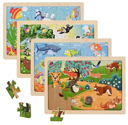 Wooderma Tiere Puzzle ab 3 4 5 Jahre, 4x24 Teilen Holzpuzzles für Kinder, Kinderpuzzle Holz Puzzles Kinderspielzeug, Vorschule Lehrreiches Spielzeug Montessori, Geschenke für Kinder Mädchen Jungen