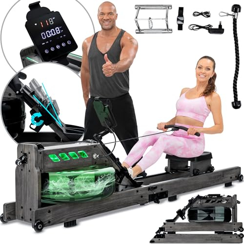 Miweba Sports Rudergerät für Zuhause MR700 Pro | Rudergerät Wasser - Rudergeräte klappbar - Kinomap App - Bluetooth - LED Wassertank - Rudermaschine - Holz Wasserrudergerät (Esche grau Pro)