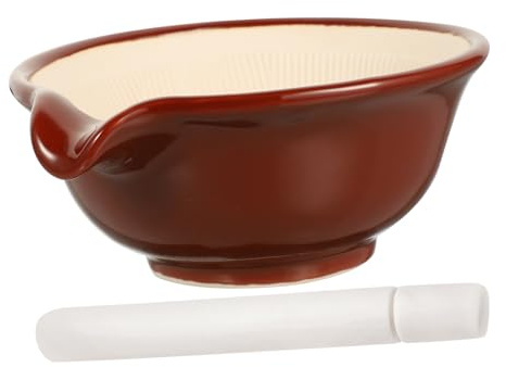 OKUMEYR Set di Ciotola Ceramica Marrone Pestello in Legno per Macinare Aglio e Spezie, Utensile da Cucina Funzionale e Comodo, per Farmacie
