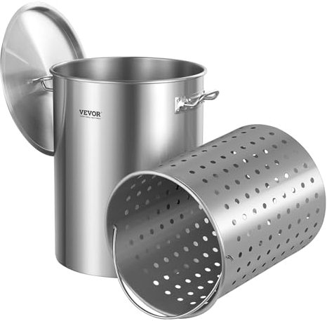 VEVOR Olla de Acero Inoxidable para Cocinar 34 L, Olla para Salsa con Canasta, Tapa y Asa, Comercial Resistente, Tratamiento de Lijado, para Cocinar al Vapor, Hervir o Freír, 315 x 420 mm