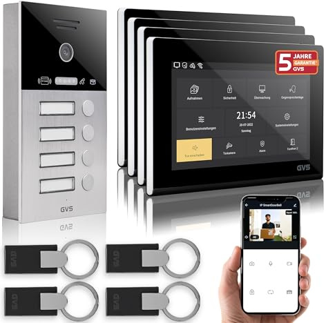 GVS IP Video Türsprechanlage mit Türöffner & RFID - 4x7 Monitor & App | Smarte Video Türklingel mit Kamera und Monitor & App - Gegensprechanlage mit Türöffner für 4 Familienhaus (AVS4092A)