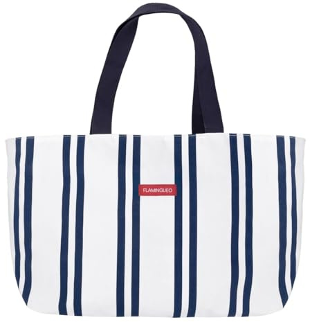 Flamingueo Tote Bag Damen - Strandtasche, Beach Bag, Shopper Tasche Damen, Handtasche, Travel Essentials, Einkaufstasche, 50 x 20 x 35 cm, Gelb, Marine gestreift