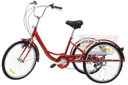 SAUADY Dreirad Erwachsene Umweltfreundliche 6-Geschwindigkeits-Schaltung Senioren Dreirad Fahrrad Tricycle+ Korb Licht 24 Zoll Korbgröße: 55 * 45 * 28CM Rot