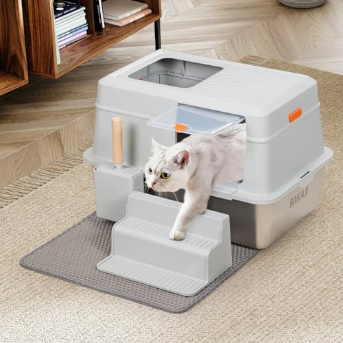 BAKAJI Lettiera per Gatti XXL con Base in Acciaio Inossidabile da 35 Litri e Scaletta Anti Sabbiolina, Sportellino Trasparente con Blocco, Paletta con Contenitore, Tappetino Antisporco 60 x 40 x 39 cm