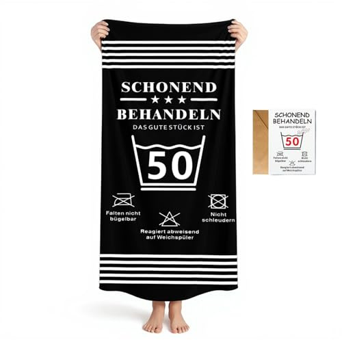 Gratitopia Geschenke zum 50. Geburtstag - Schwarz Handtuch & Strandtuch mit Geburtstagskarte 50(160x80cm)- Schonend behandeln Das Gute Stück ist 50 - Lustige Geschenk 50 Geburtstag für Männer & Frauen