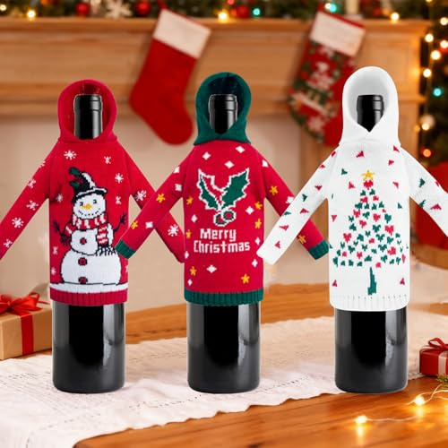TECHEEL 3 Stück Weihnachten Weinflasche Abdeckung Weihnachten Flaschen Deko Weihnachtsflaschentasche Weinflasche Abdeckung Taschen Flaschenüberzug für Home Dinner Wein Weihnachte Tischdeko
