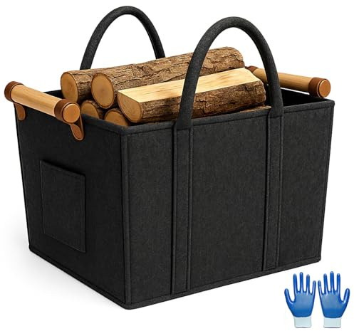 Filzkorb Aufbewahrung, Holzkorb für Kaminholz mit Handschuhe, Faltbar Kaminholzkorb mit Tragegriffen, für Kaminholz, Zeitschrift, Zeitungen, Kleidun (42cmx40cmx30cm)