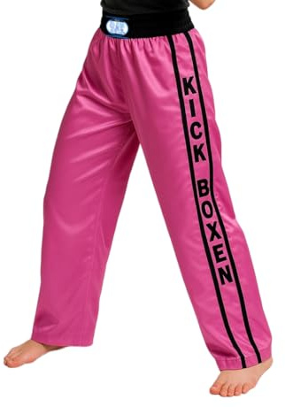 BAY Kickboxhose lang Damen Mädchen Script rosa pink mit Schriftzug Kickboxen Hose Kampfsporthose (180 (L))