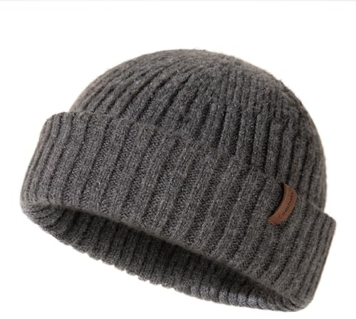 Comhats Fischer Mütze Herren Wollmütze Kurz Docker Haube Trawler Fisherman Beanie Hat Damen Merino Wolle Strick Winter Cap Großer Kopf Ski M/L Dunkelgrau