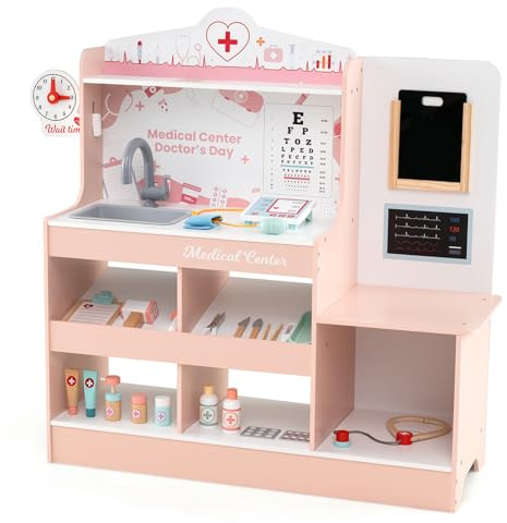 DREAMADE Krankenhaus Spielset, Arztkoffer Kinder aus Holz mit 24 Zubehörteilen, Stethoskop, Blutdruckmessgerät & Spüle, Arzt Rollenspielzeug für Kinder ab 3 Jahren (Rosa)