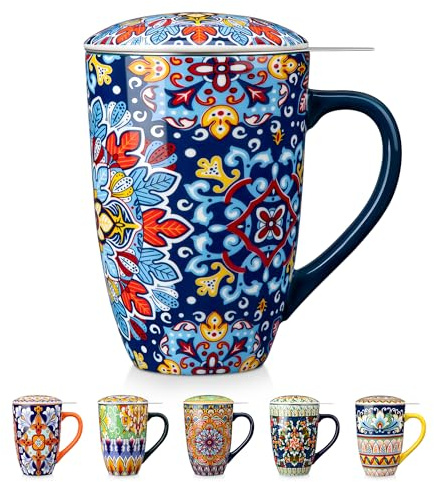vancasso SIMI Taza Infusiones con Tapa y Filtro - Tisaniera 540ml - Taza de Te de Porcelana, Grandes Mug Perfecta para Té, Café y Regalos, Diseño Boho Azul Chic