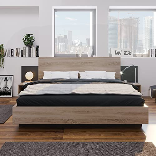 VIEKOS Doppelbett Holzbett Bettanlage 160x200cm mit 2 Nachtkommoden Modernes Bett inkl. 2 Nachttischen Schlafzimmer Komplett-205.5x235x76.5 cm(T/B/H) Set in Eiche Sonoma/Dunkelgrau