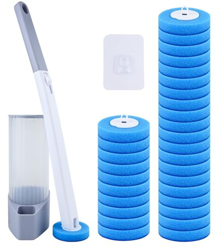 Escobillas de Baño Desechable, Recambio de Esponja para Lavabo, bañera, Lavabo, mopa, Piscina, Azul (Aroma Fresco océano (Un Juego de cepillos de baño + 30 Cabezales de Repuesto)