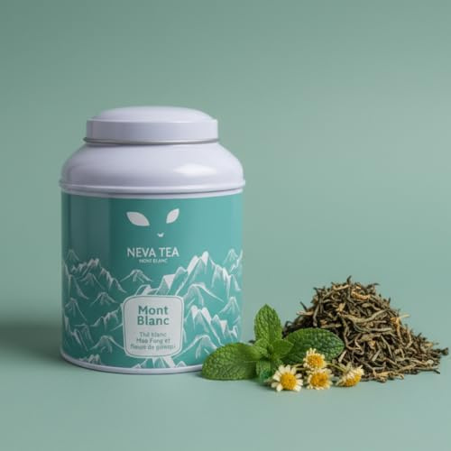 Neva Tea - Mont Blanc - Tè bianco Mao Feng, fiori di genepy, foglie di melissa - Tè in Foglie Sfuse - Scatola da 100g - Quantità per circa 35 tazze
