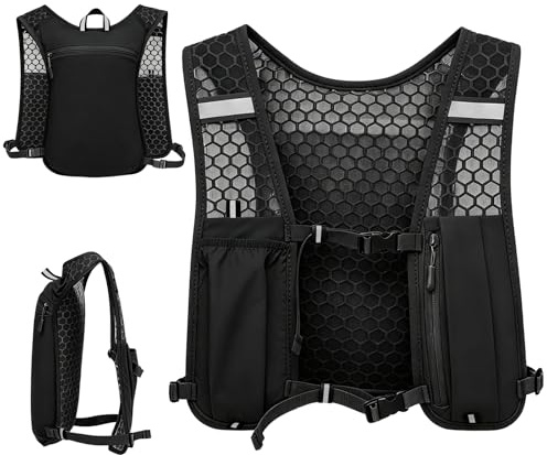 Gilet da Corsa Unisex, Zaino da Corsa con Rete Traspirante, Leggero Gilet Running, Running Vest con Riflettente e Cinghie Pettorali Regolabili, per Escursionismo, Maratona (Nero)