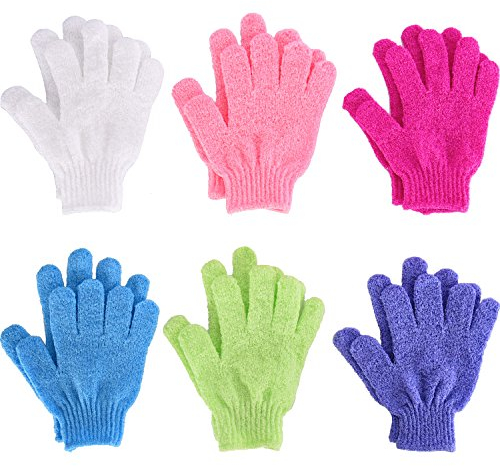 6 Pairs Double Sided Exfoliating Gloves Body Scrubbing Glove Bath Scrubs for Shower, 6 Colors