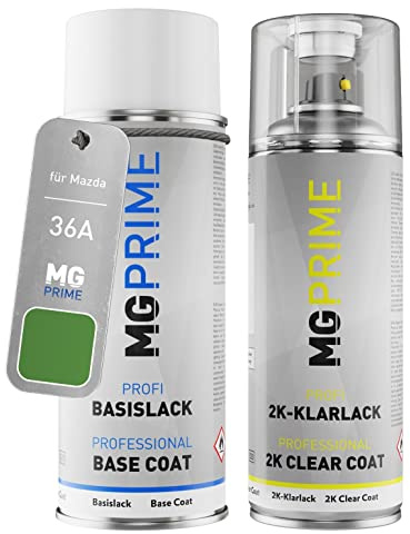 MG PRIME Autolack 2K Spraydosen Set für Mazda 36A Spirited Green Metallic/Metisgrün Metallic Basislack 2 Komponenten Klarlack Sprühdose