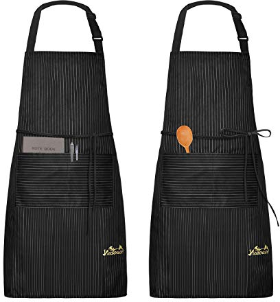 Viedouce 2 Packs Apron Cooking Kitchen Waterproof, Adjustable Chef Apron with Pockets for Home, Restaurant, Craft, Garden, BBQ, School, Coffee House, Apron for Men Women, Striped-Black