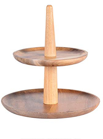 QMZDXH Présentoir 2 étages Étagère en Bambou 3 Plateaux de Service Gâteaux Apéritif Fromage Fruit Fêtes Plat en Bois Décoration Rond Nature