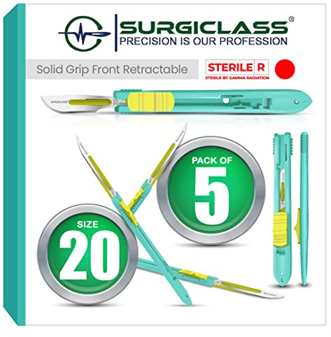 Surgical Scalpel Surgical Blades # 20 Surgical Steel Sterile ● Pack of 5 ● Retractable ● Perfect for wood art, Surgical, Sculpting, Repairs, Lab Anatomy, Sign, Card Making Lab Training SURGIFRONT20-5